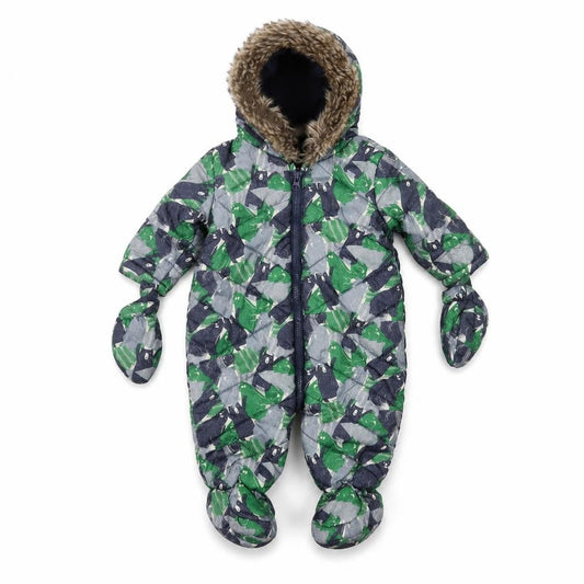 Front view of F&F unisex baby multicoloured animal print hooded snowsuit 0-3 months