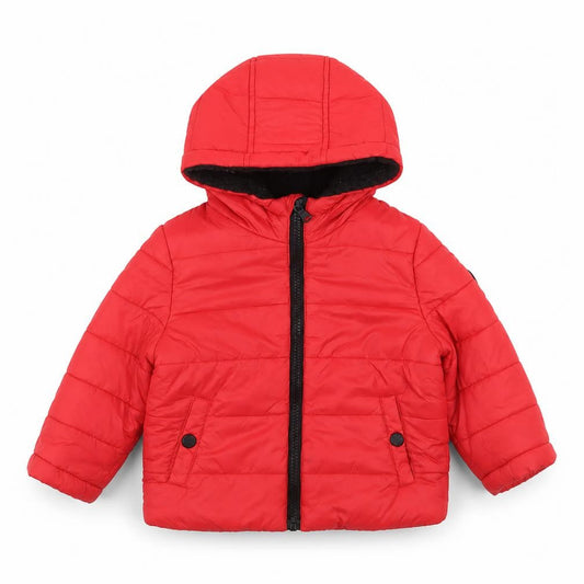 Front view of Michael Kors Red Puffer Jacket unisex baby 18-24 months hooded winter coat