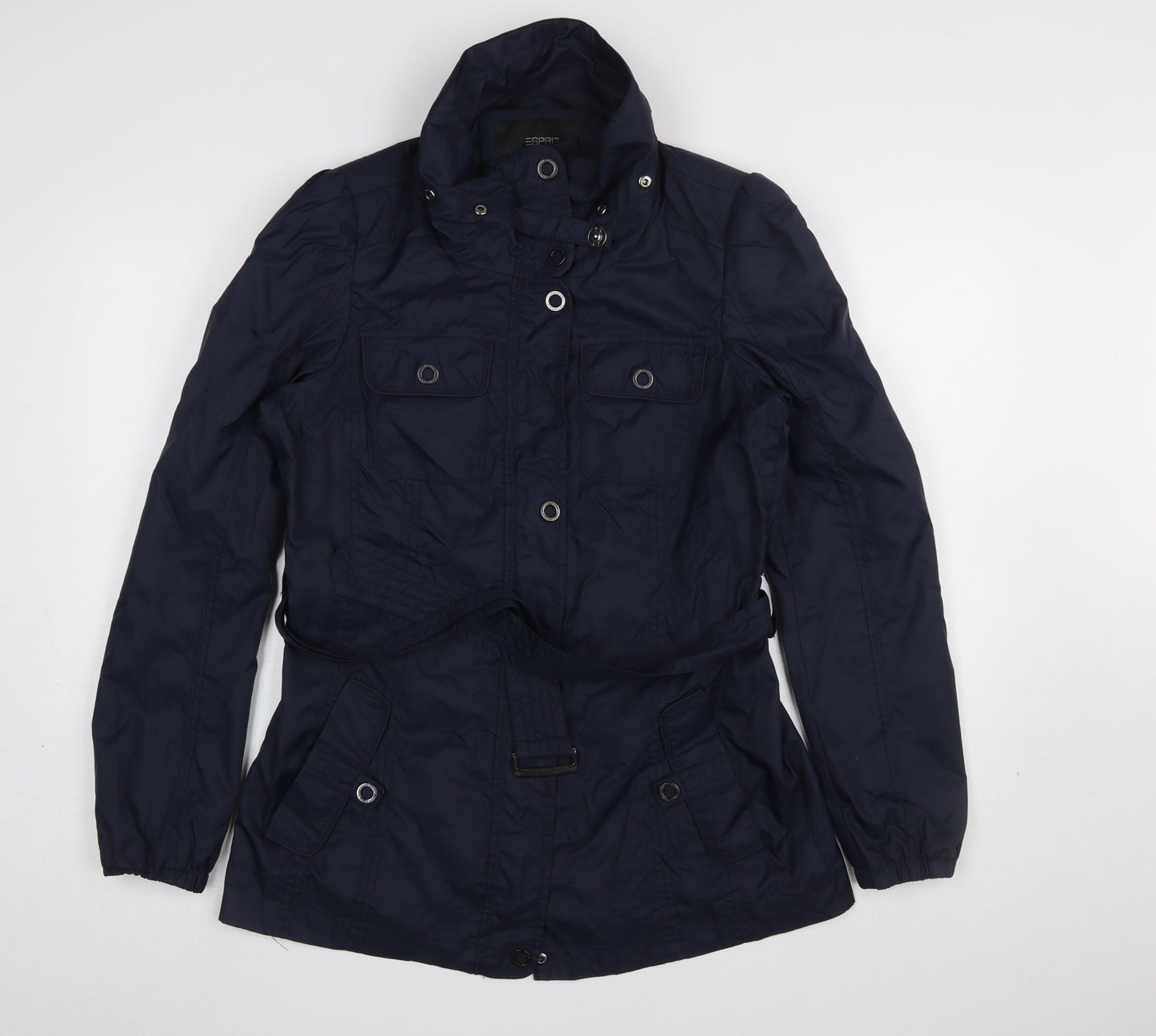 Esprit Women Blue Military Jacket Size 14 Belted Mid-Length Casual