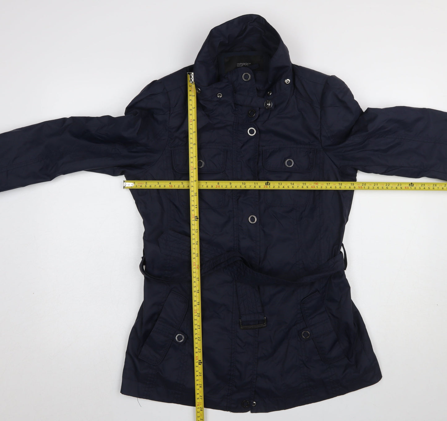 Esprit Women Blue Military Jacket Size 14 Belted Mid-Length Casual