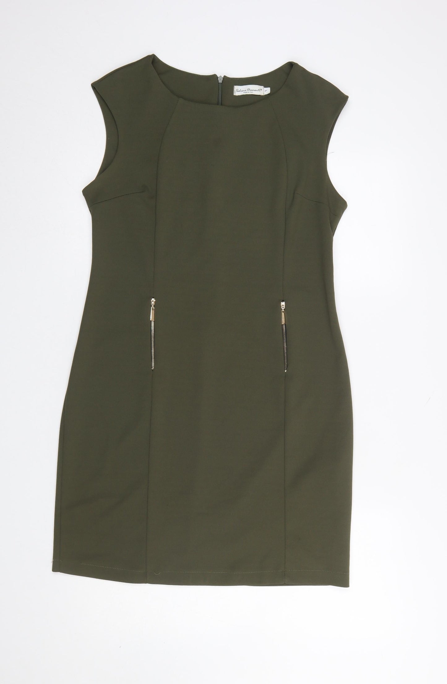 Sabrina Diamanti Women Green Sheath Knee Length Dress L Zip Accent