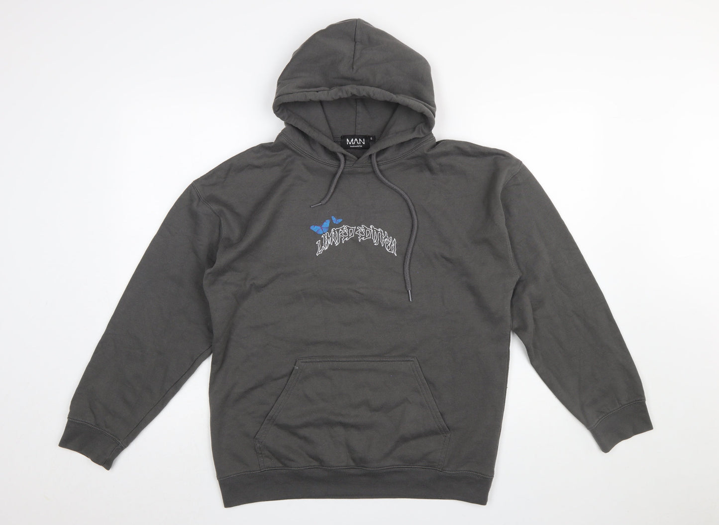 boohooMAN Men's Grey Pullover Hoodie S Graphic Skull Butterfly Design