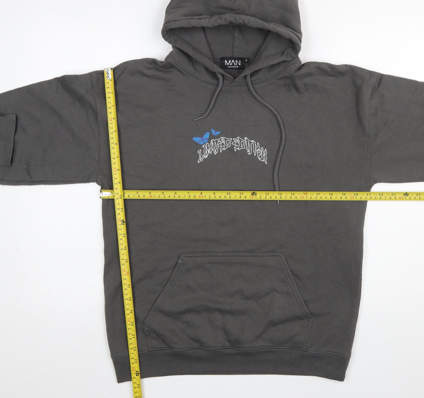 boohooMAN Men's Grey Pullover Hoodie S Graphic Skull Butterfly Design