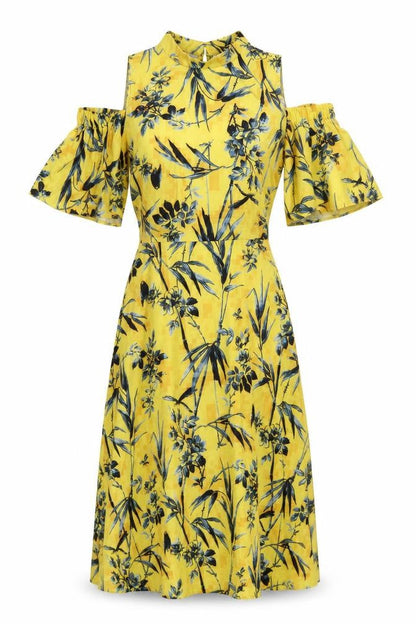 Front view of ASOS Women’s Yellow Floral Cold Shoulder Midi Dress, size UK 4