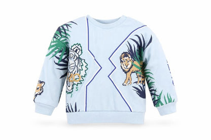 Front view of Kenzo Kids girls’ blue jungle animal print sweatshirt 2 years