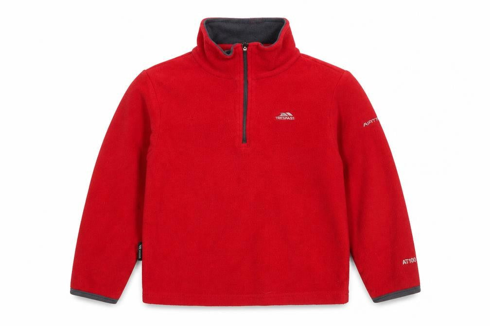 Front view of Trespass boys’ red fleece pullover sweatshirt 5-6 years outdoor warm top