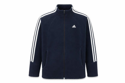 Front view of Adidas men’s navy full zip fleece sweatshirt, size S, classic sportswear