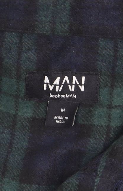 boohooMAN Men's Green & Navy Check Flannel Button-Up Shirt M
