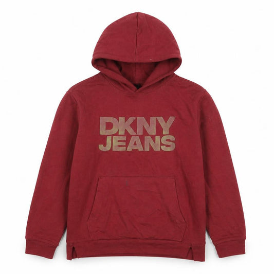 Front view of DKNY Jeans Teens Red Pullover Hoodie 12 Plus Graphic Logo Fleece
