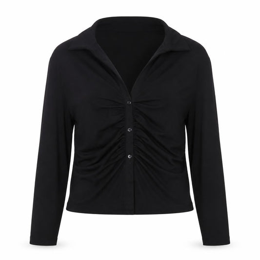 Front view of ASOS DESIGN Women’s Black Long Sleeve Collared Ruched Button-Up Top, size UK 14