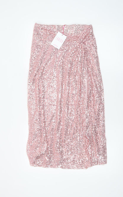 Savida Women Pink Sequin Midi Skirt Small Polyester Partywear
