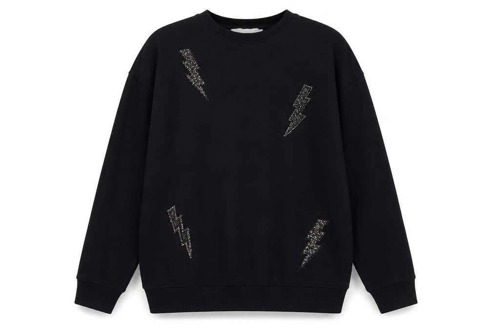 Mango Kids Girls Black 13-14 Years Lightning Embroidered Pullover Sweatshirt