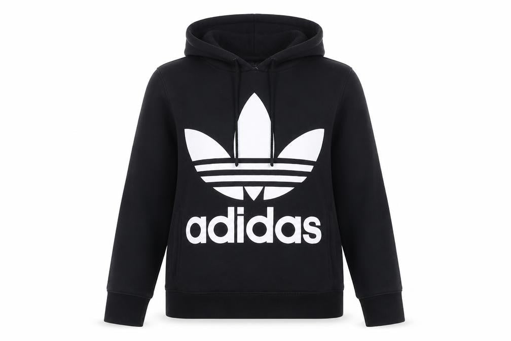 Front view of Adidas women’s black pullover hoodie uk 8 cotton logo hooded sweatshirt