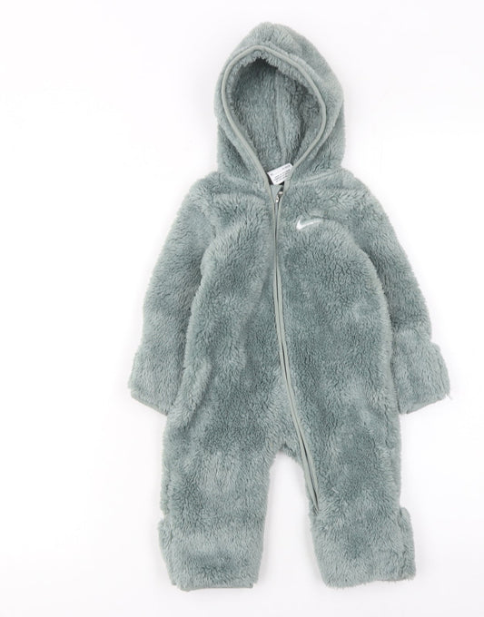 Nike Unisex Baby Green Fleece Hooded Babygrow 3-6 Months Zip All-in-One