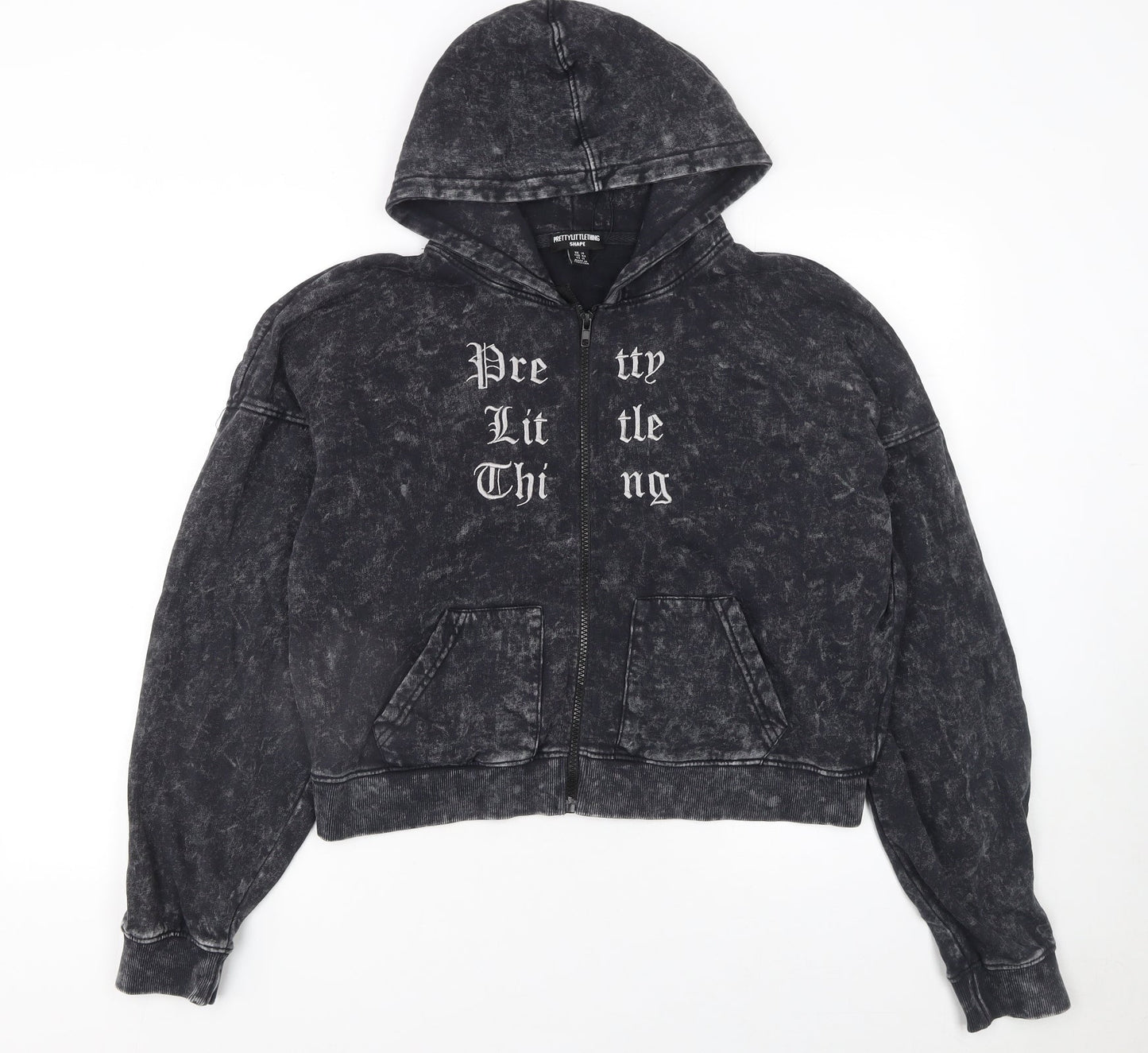 PrettyLittleThing Women Black Acid Wash Full Zip Hoodie UK 16 100% Cotton