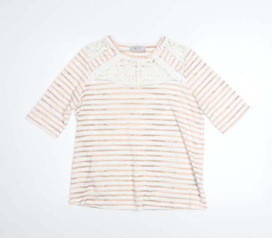 Marks and Spencer Women Beige Striped Lace 3/4 Sleeve T-Shirt Size 12