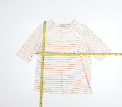 Marks and Spencer Women Beige Striped Lace 3/4 Sleeve T-Shirt Size 12