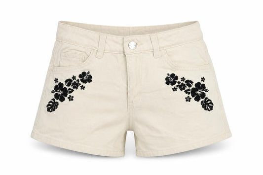 Front view of Denim Co girls’ ivory floral embroidered hot pants shorts 9-10 years