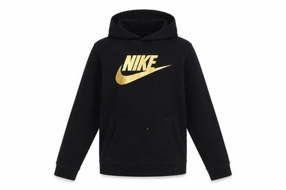 Front view of Nike boys’ black gold logo pullover hoodie xl (158-170cm) standard fit