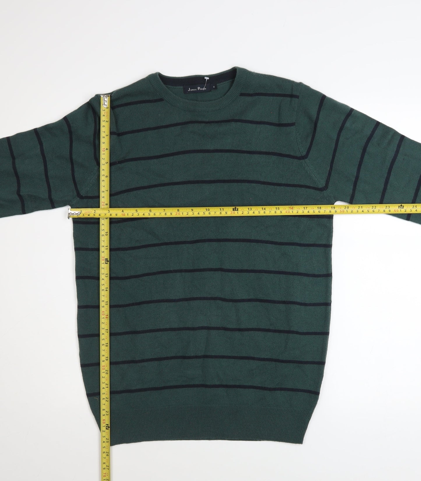James Pringle Men Green Striped Crew Neck Acrylic Jumper Size S