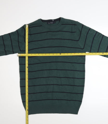 James Pringle Men Green Striped Crew Neck Acrylic Jumper Size S