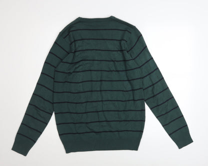 James Pringle Men Green Striped Crew Neck Acrylic Jumper Size S