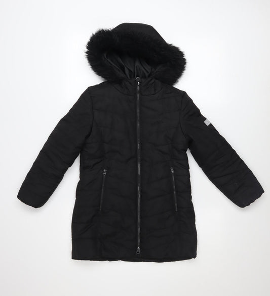 Regatta Girls Black Hooded Puffer Coat 7-8 Years Winter Mid-Length