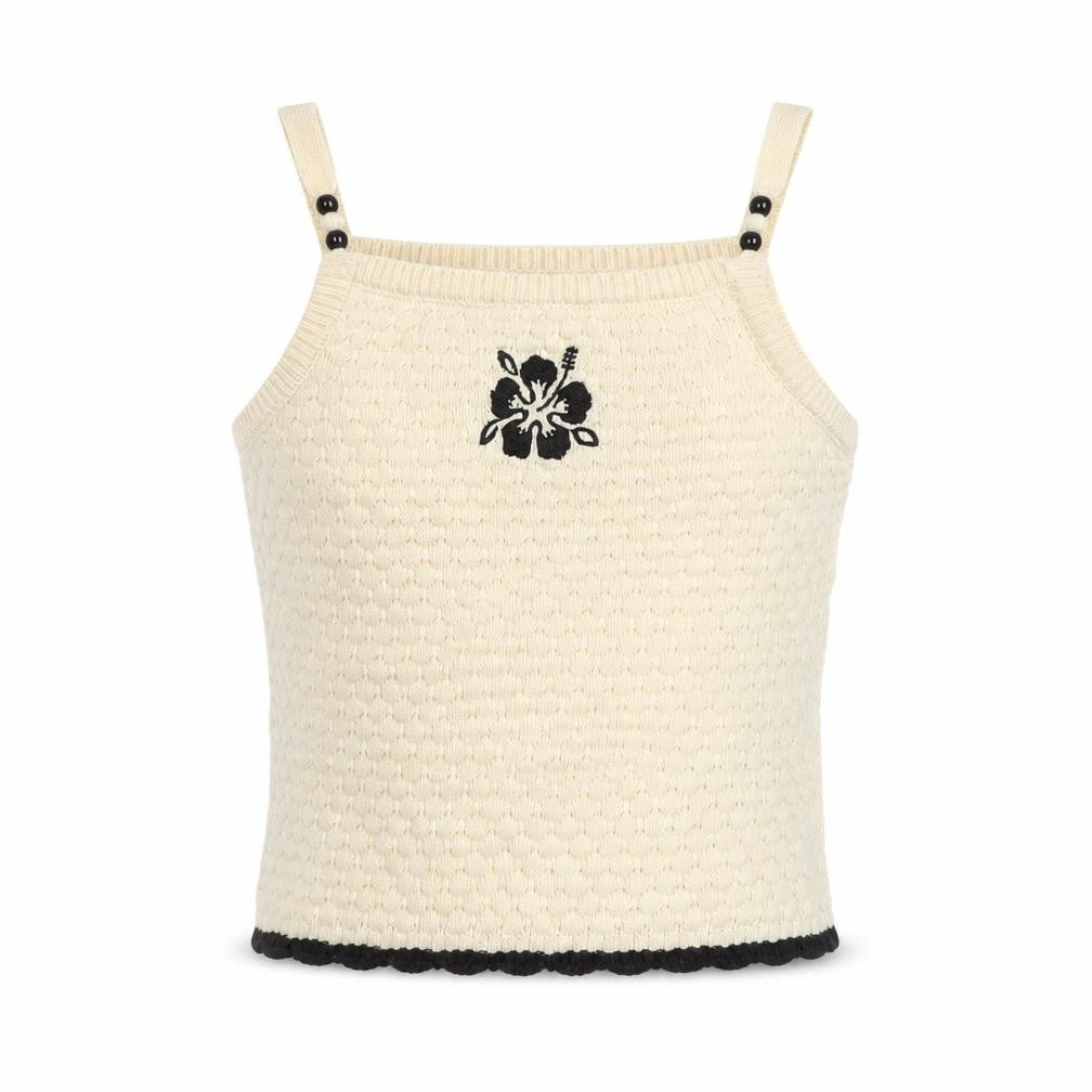 Front view of Primark girls’ beige knit camisole tank top 9-10 years embroidered flower