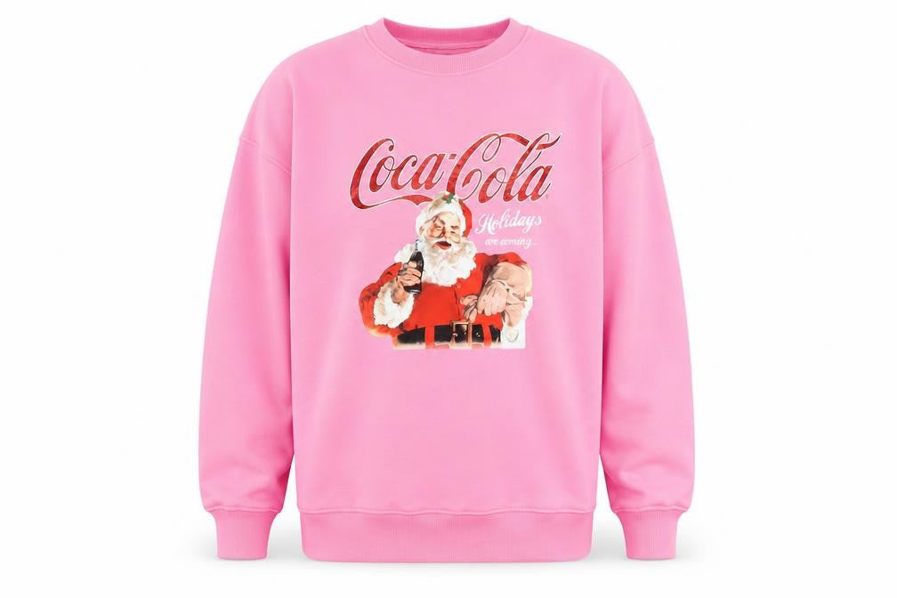 Front view of Coca-Cola unisex pink christmas sweatshirt santa graphic small