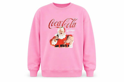 Front view of Coca-Cola unisex pink christmas sweatshirt santa graphic small