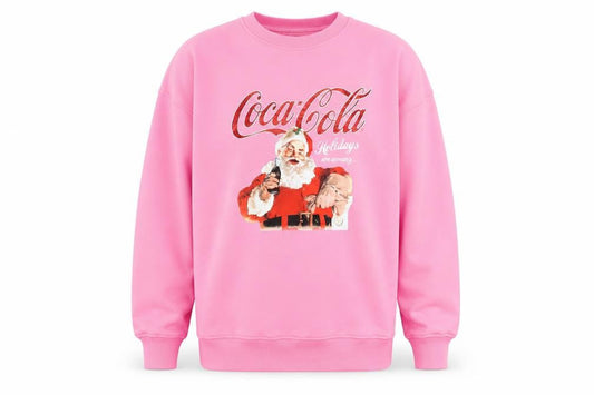 Front view of Coca-Cola unisex pink christmas sweatshirt santa graphic small