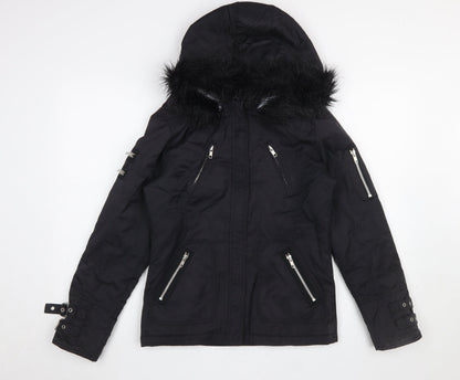 Red Herring Women's Black Faux Fur Hooded Parka Jacket Size 10