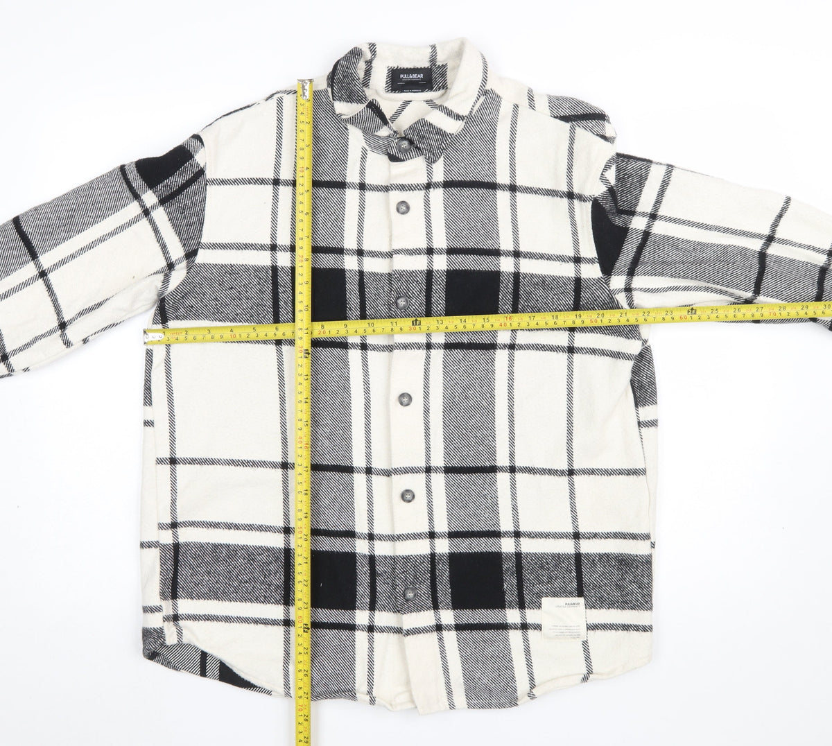 Pull & Bear Men's Black White Check Long Sleeve Button-Up Shirt L