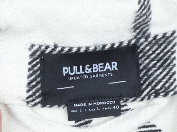 Pull & Bear Men's Black White Check Long Sleeve Button-Up Shirt L