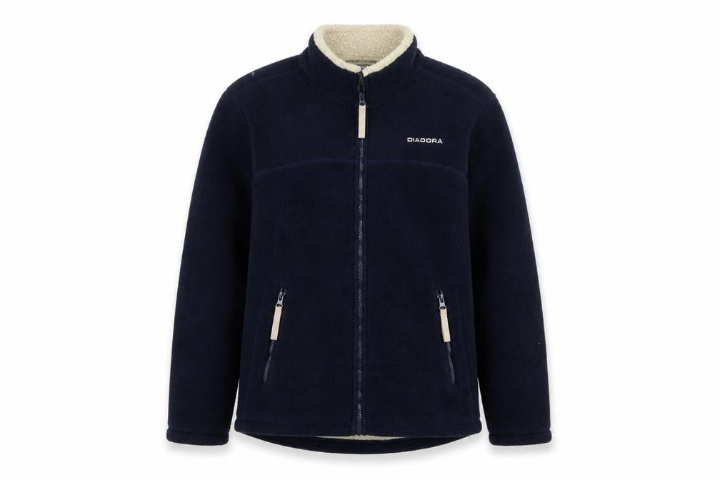 Front view of Diadora boys’ blue fleece full zip jacket l lined mid-length outdoor coat