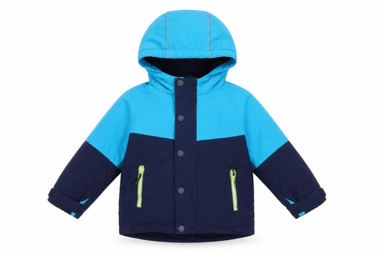 Front view of Next unisex baby blue colourblock puffer jacket 12-18 months hooded winter coat