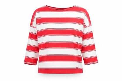 Front view of Crew Clothing Women’s Red White Striped Long Sleeve Cotton Top, size UK 12
