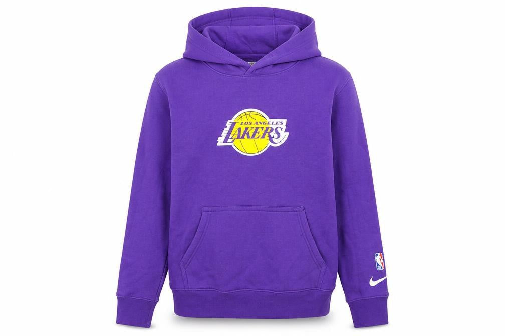 Front view of Nike Teens Purple Los Angeles Lakers Pullover Hoodie, size M