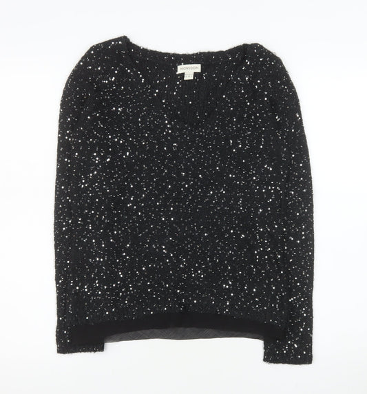Monsoon Women's Black Sequin V-Neck Pullover Jumper Size 8