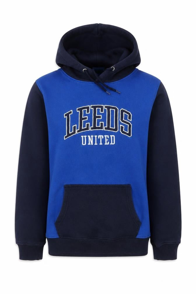 Front view of Leeds United boys’ blue & black hoodie 158/164 pullover fleece sweatshirt