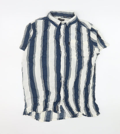 Outrage London Men's Blue Striped Short Sleeve Button-Up Shirt L