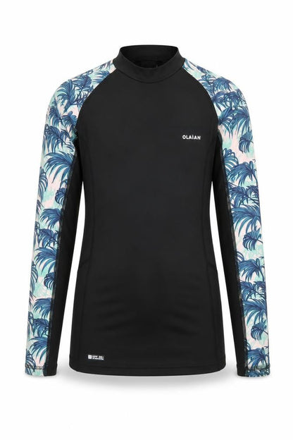 Olaian Boys Black Tropical Rash Guard Long Sleeve Surf Top 12-13 Years