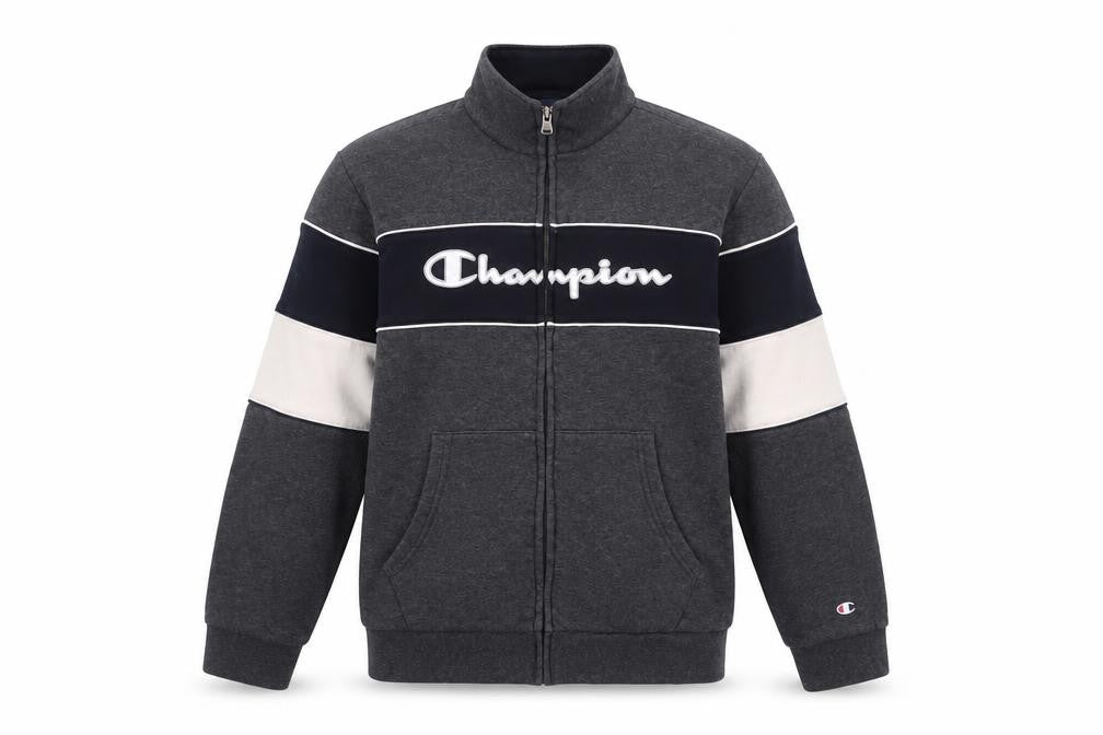 Front view of Champion boys’ grey track jacket xl 14 years full zip logo sportswear