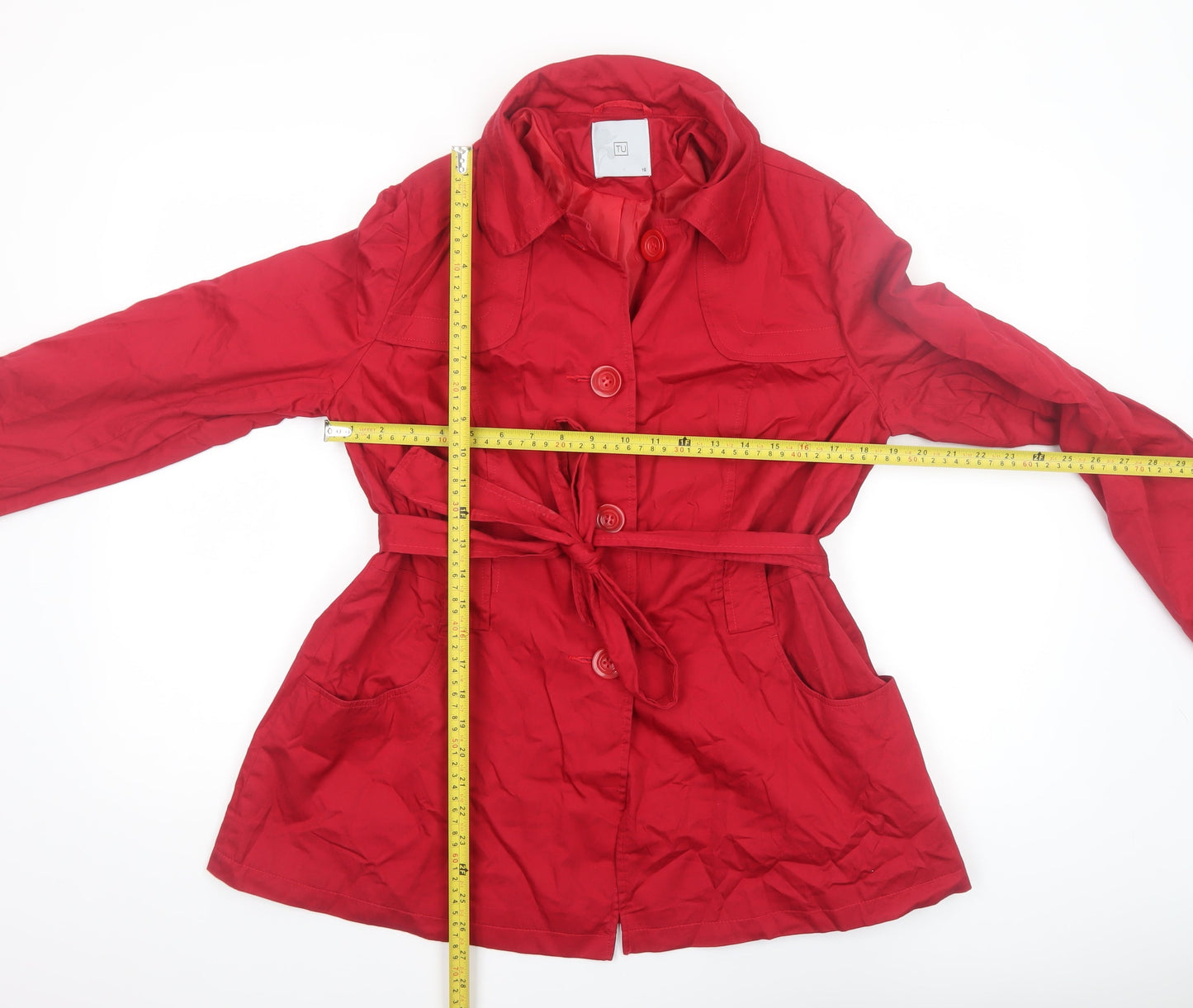 TU Women’s Red Belted Cotton Trench Coat Size 16 Classic Mid-Length