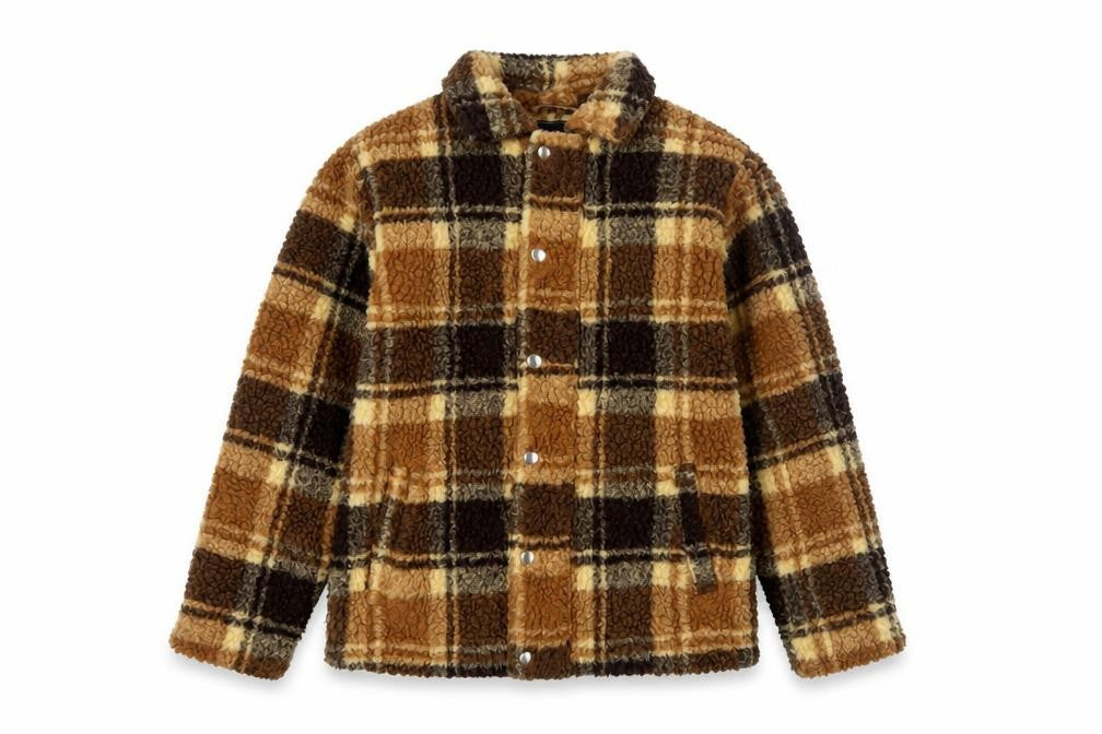 Front view of Tokyo Laundry boys’ brown check fleece jacket 9-10 years lined winter coat