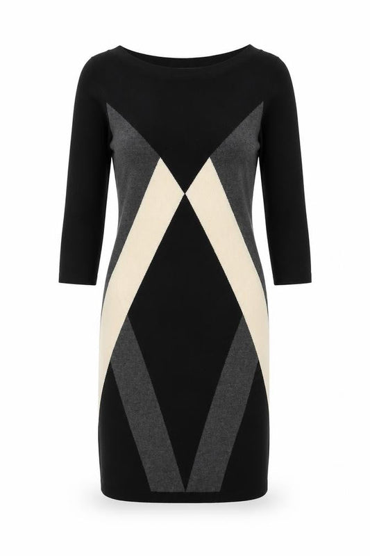 Front view of French Connection Women’s Black Grey Beige Knit Sheath Dress, size UK 10