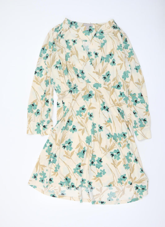 H&M Women's Beige Floral V-Neck Wrap Dress Long Sleeve Size L