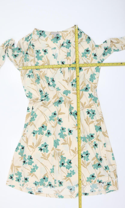 H&M Women's Beige Floral V-Neck Wrap Dress Long Sleeve Size L