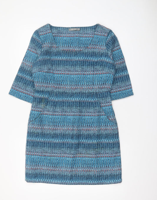 Lily & Me Women Blue Geometric Shift Dress Size 10 Cotton Blend