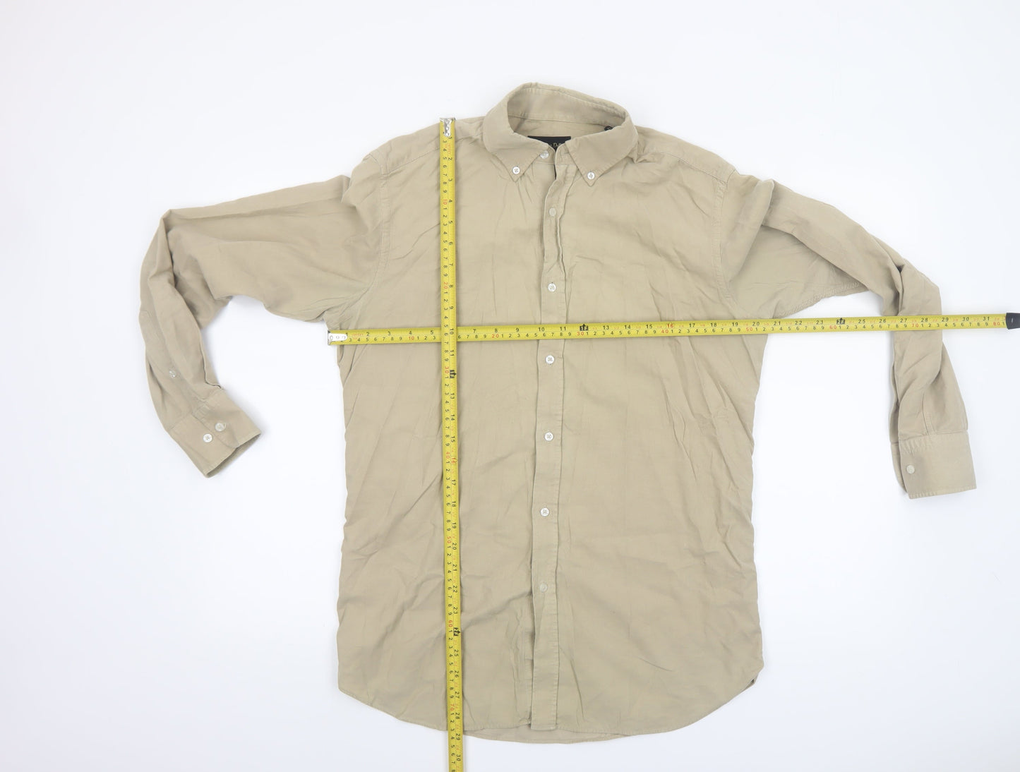 Massimo Dutti Men's Beige Cotton Long Sleeve Button-Up Shirt M